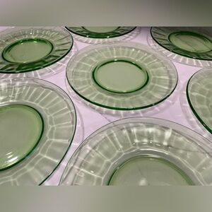 Vintage Green Depression Glass/Uranium 8" Salad Plates Set of 7